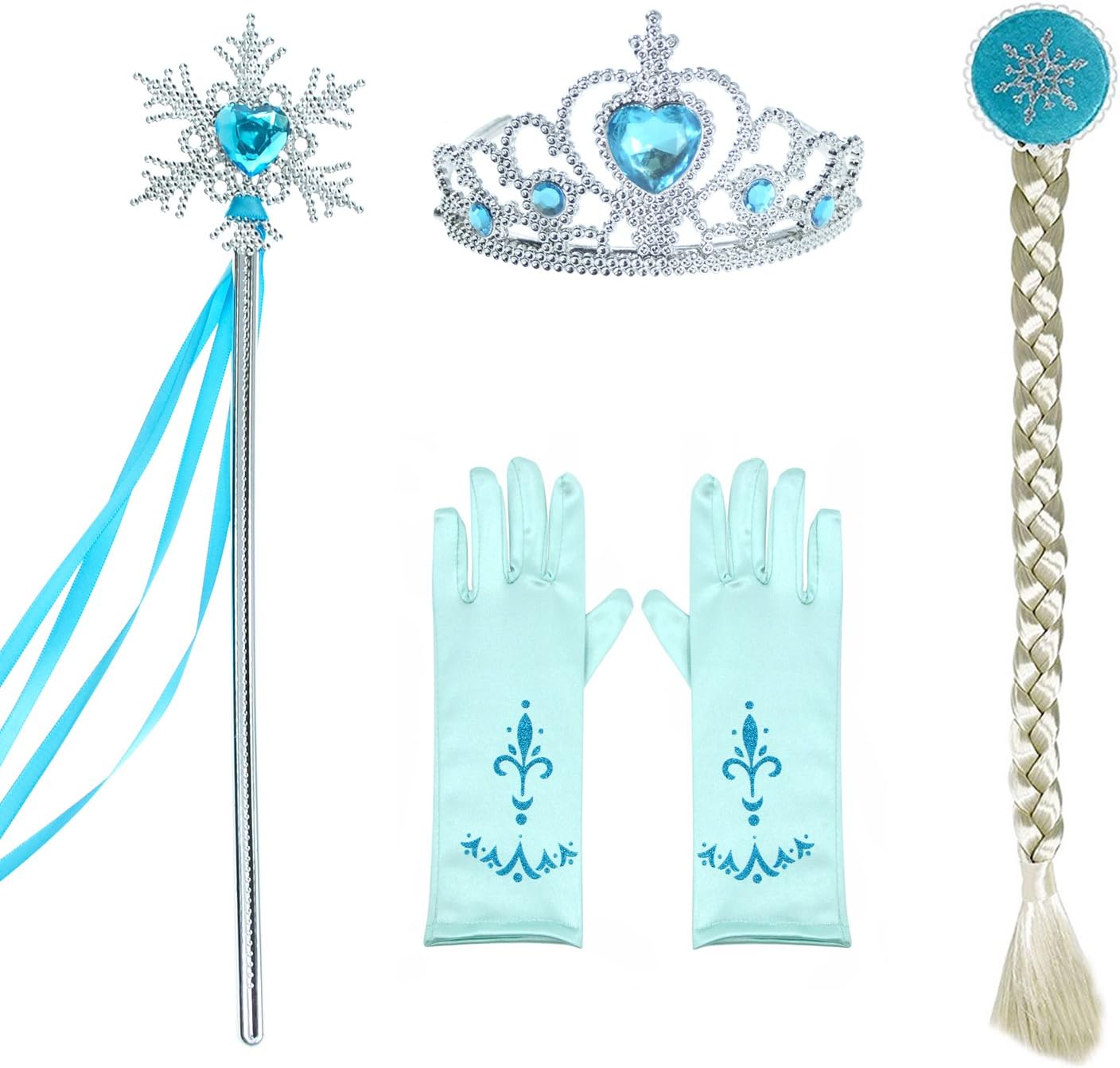 Princess Dress Up Party Accessories Set with Gloves,Crown,Snow Wand and Wigs for Women Blue (4pcs)
