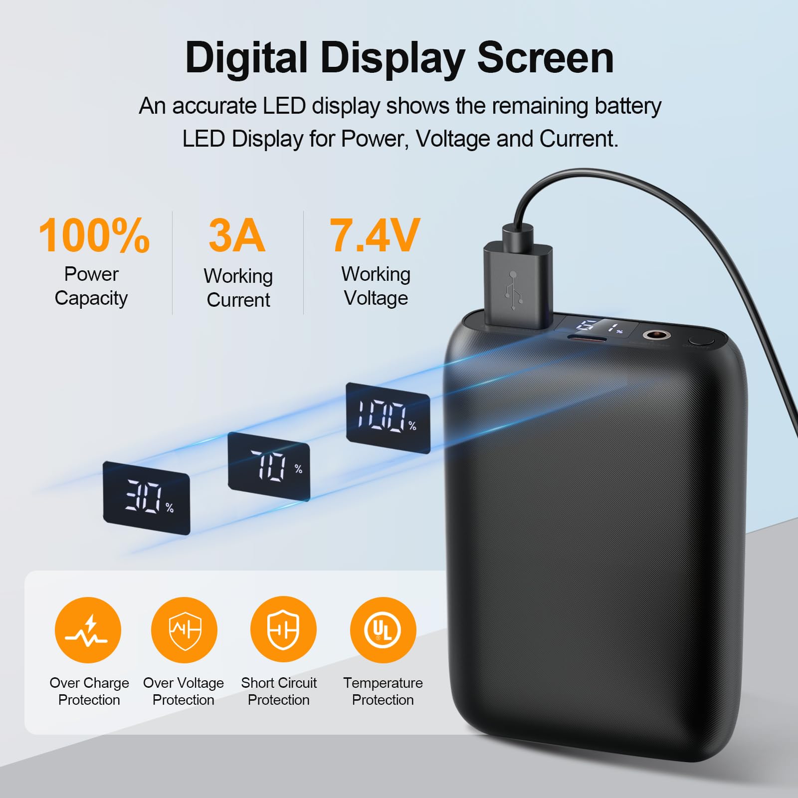 Batterie Externe 16000mAh 7.4V Pour Gilet Chauffant – Écran LED, Ports USB/Type-C/DC, Jusqu'à 10h D'Autonomie