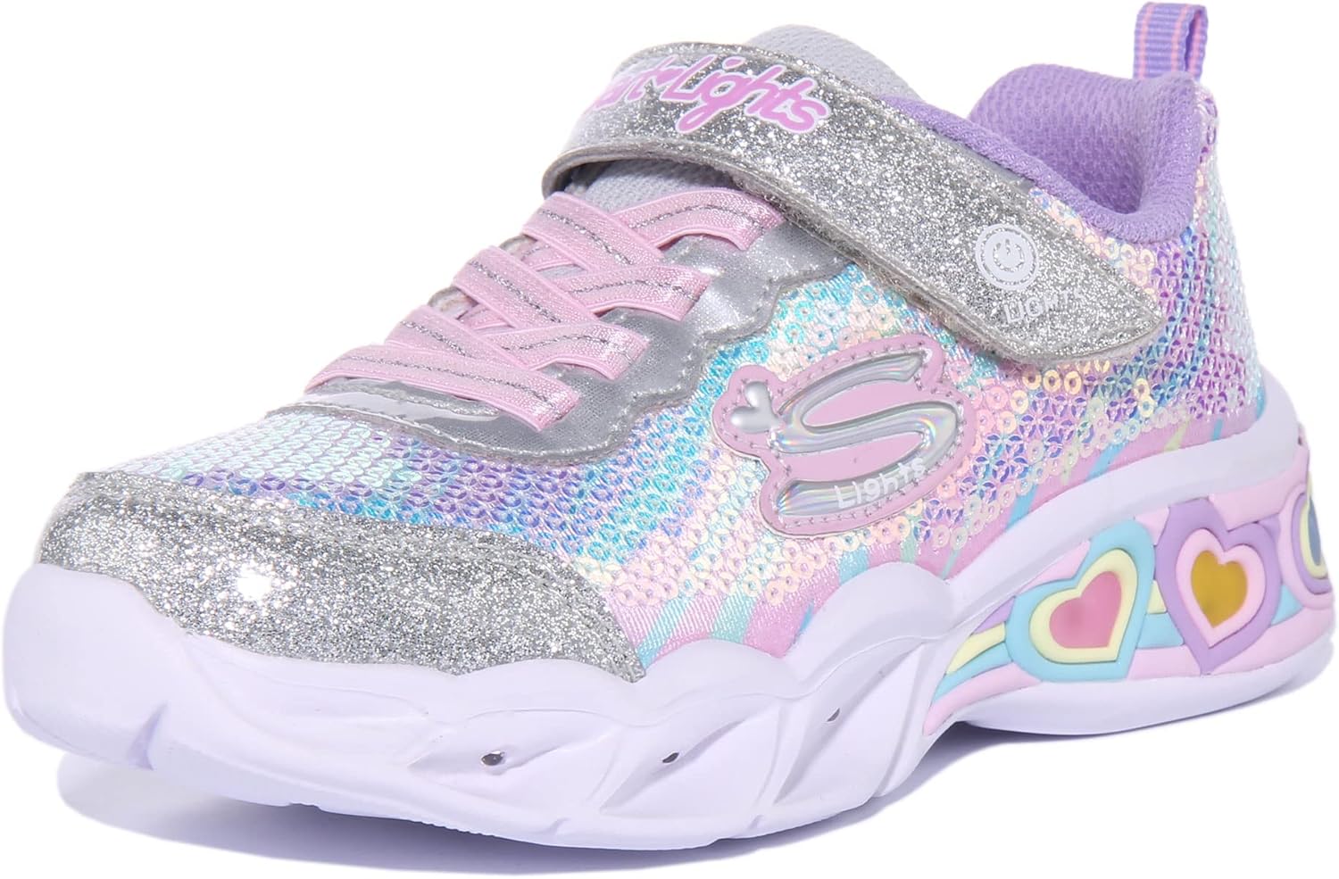 Skechers Kids Girls Sweetheart Lights -Lets Shine Sneaker, Silver/Multi, 12