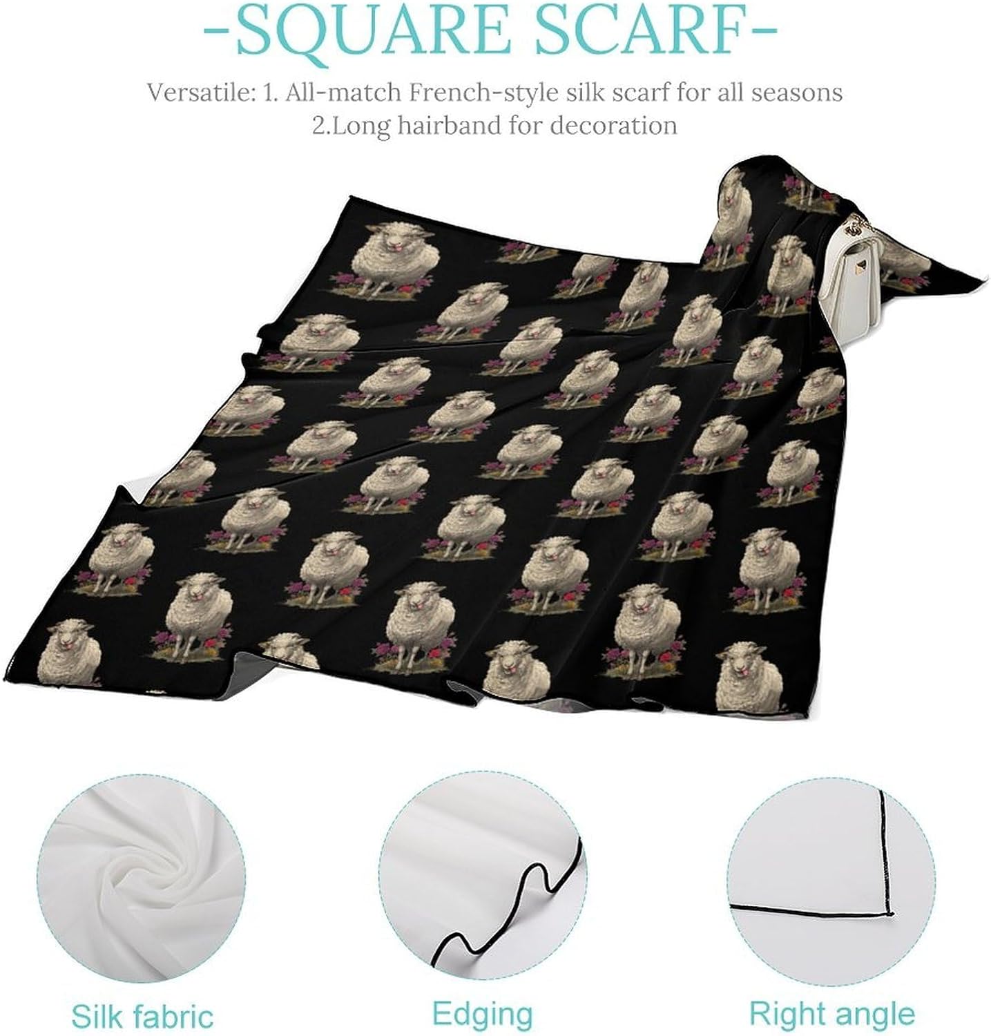 Funny Sheep Silk-Like Square Scarf for Women Vintage Printed Neck Scarf Bandanas Hair Scarves
