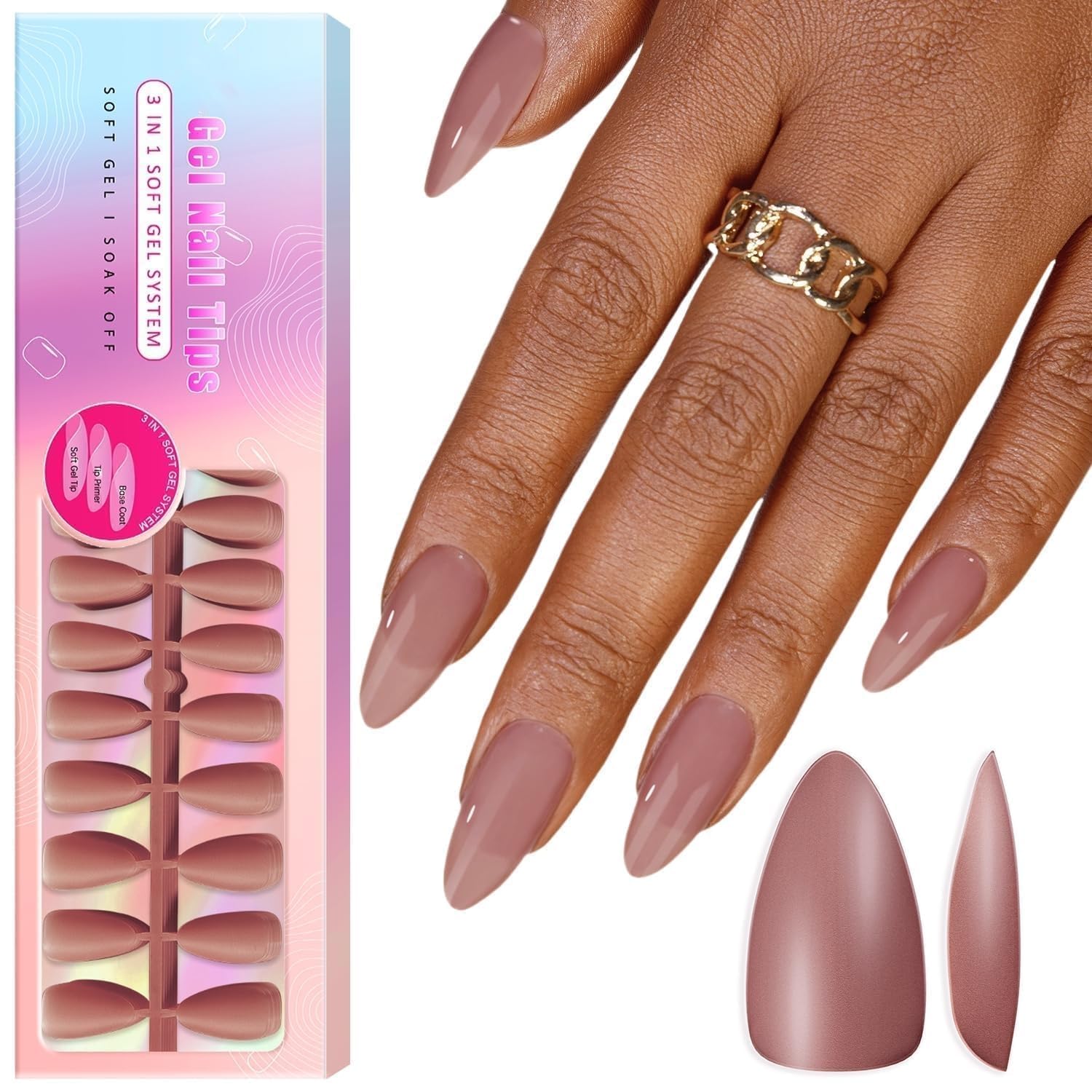 Soft Gel Nail Tips Medium Almond 300Pcs Pre-applied Tip Primer Nail Tips, Natural Mauve Colored Gel Tips Acrylic Fake Nails Extensions Salmon Pink