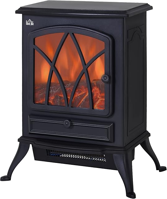 HOMCOM Free Standing Electric Fireplace Stove with Fan and Log Burning Flame Effect 2000W / 1000W Room Heater Wood Burner 2 Heat Settings (Black)