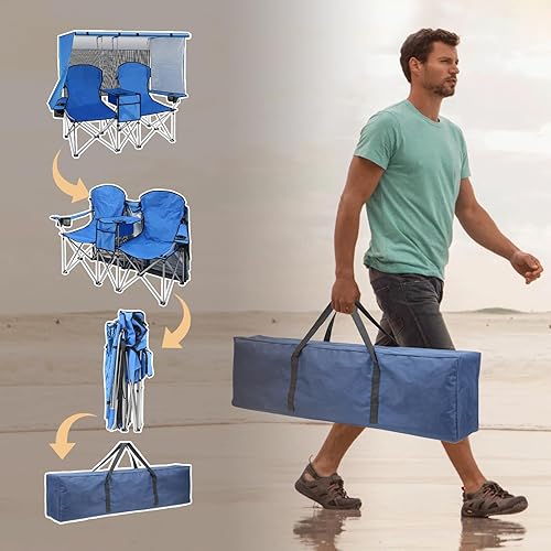 Miniatura 6 de BESTHLS Silla de campamento doble con toldo  Sofá biplaza 600D resistente para adultos, silla de playa para 2 personas con paraguas, sofá biplaza de