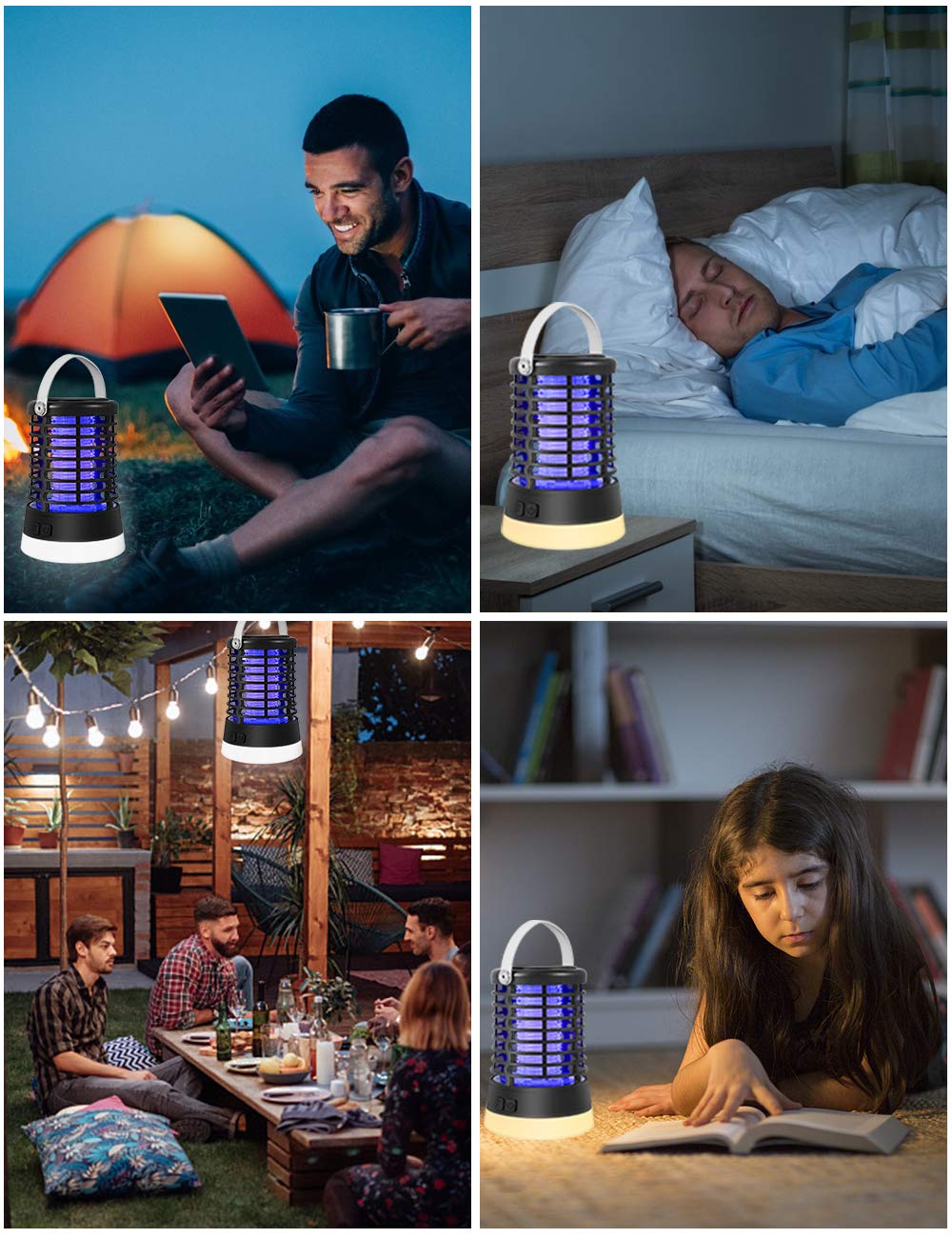 ZOTO Insetticida elettrico 3 in 1, 3 modalità di illuminazione, lampada antizanzare con luce SOS IP67, impermeabile, 2200 mAh, batteria incorporata, lampada da campeggio per interni ed esterni gancio
