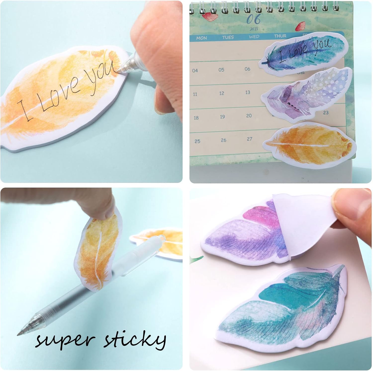 RIANCY Sticky Notes Memo Pad,Super Sticking Power Memo Pad,Rainbow Feathers,4 Pack-30 sheets/for Home,Office,Notebook,School