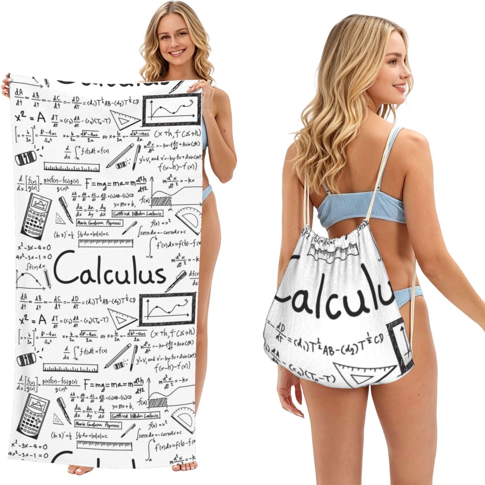 Poadnly As Picture Math Geometry Geek Calculus, 2 In 1 Packable Towel Bag, Beach Towels With Drawstring Backpack For Travel Holiday Camping