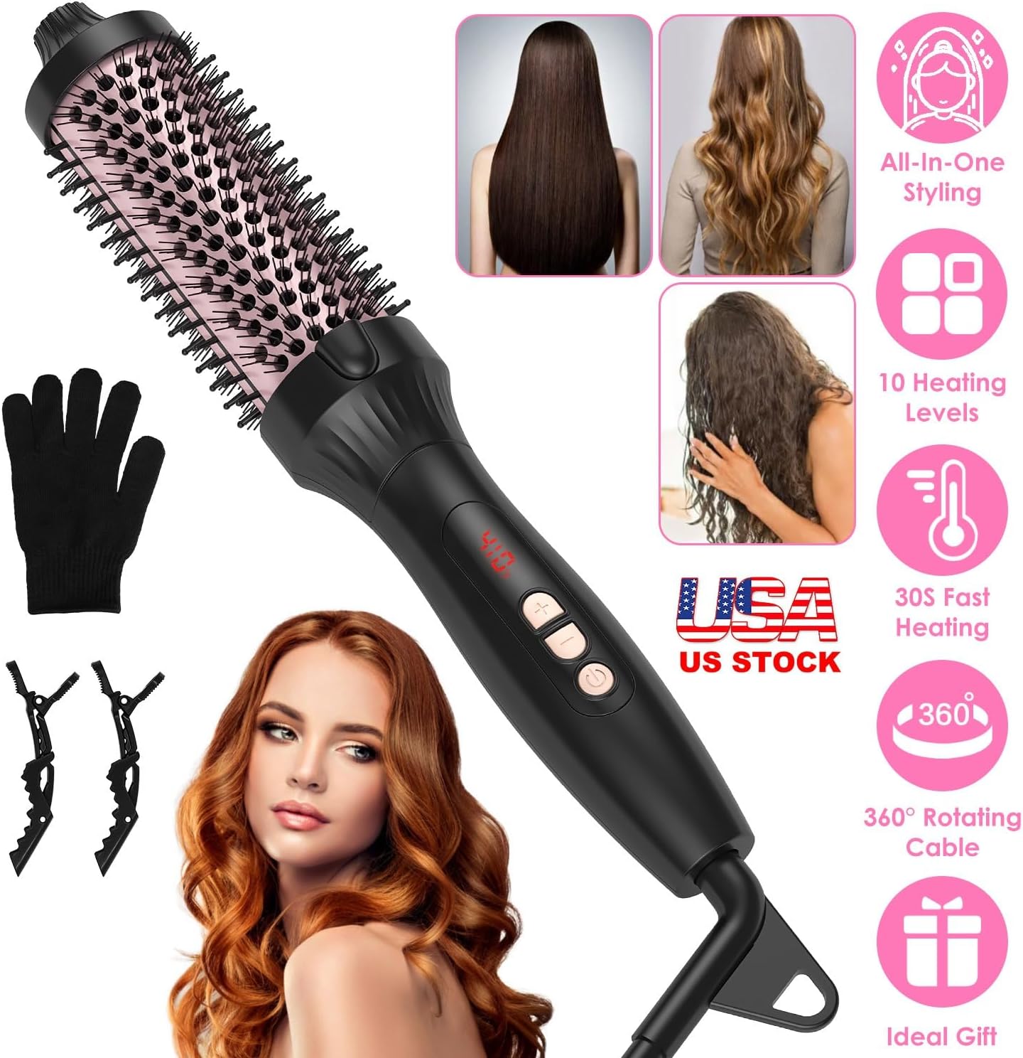 Hot Brush Heat Hair Curling Brush 3 in 1 Hot-Air Hair Brush Thermal Brush Hair Curler Dryer Straightener with 10 Heating Levels 30S Fast Heating Fit for All Hair Types for Home Travel