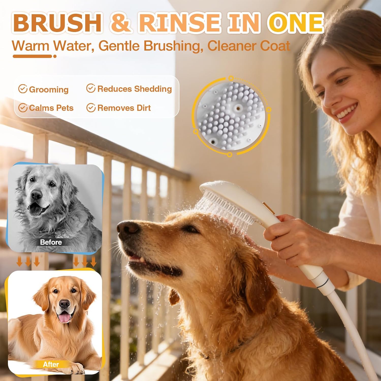 Jamini Dog Shower Attachment, Handheld High-Pressure Sprayer with Brush for Fast and Easy Indoor/Outdoor Dog Bathing, 4 Modes, 8.2ft Hose, G1/2" Brass Shower Diverter