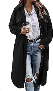 Womens Plaid Shacket Jacket Long Corduroy Shirt Casual Lapel Button Down...