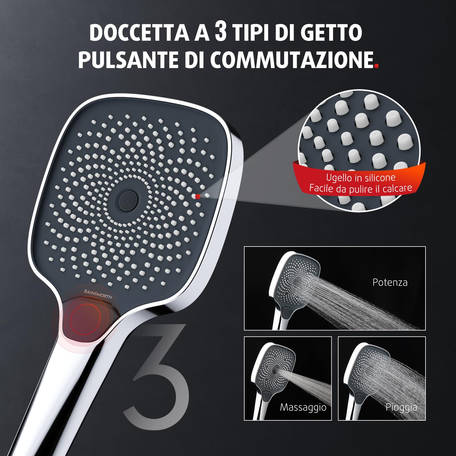 Rainsworth Sistema doccia con termostato e ripiano in vetro cromato – con doccia a pioggia 26 x 26 cm, doccetta 3 tipi di getti – Set doccia a pioggia