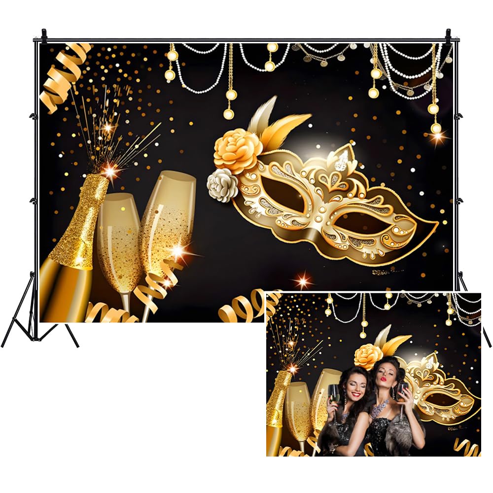 TTQYFNM 10x8ft Masquerade Party Backdrop Retro Gold Black Mask Champagne Glass Ribbons Photography Background for Fiesta Mardi Gras Dance Carnival