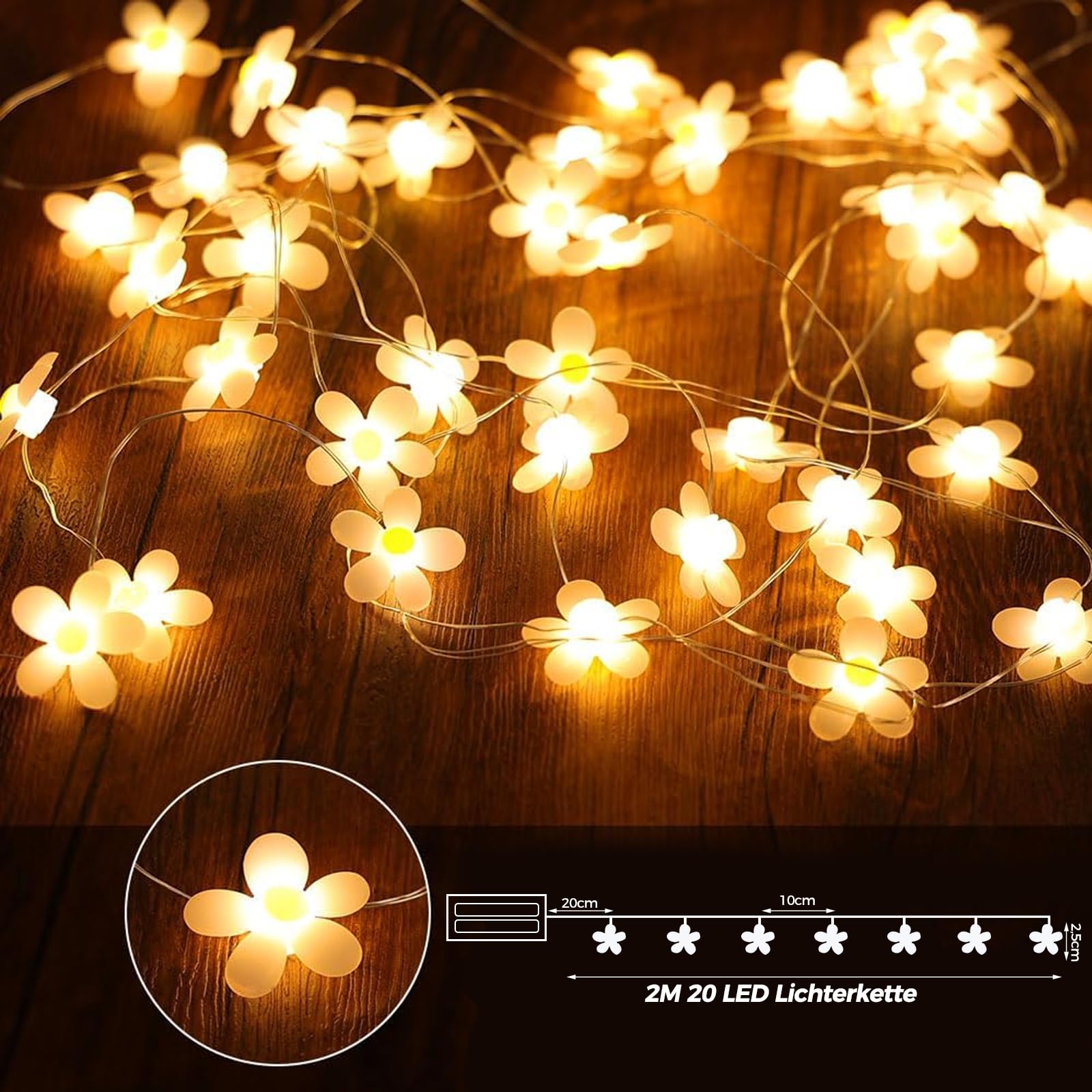 ALEGRE® łańcuch świetlny kwiaty na baterie, 2 m, 20 diod LED, łańcuch świetlny w kształcie kwiatów, łańcuch świetlny z miedzianego drutu w kształcie kwiatów, ciepła biel, świetlne kwiaty do wnętrz, na