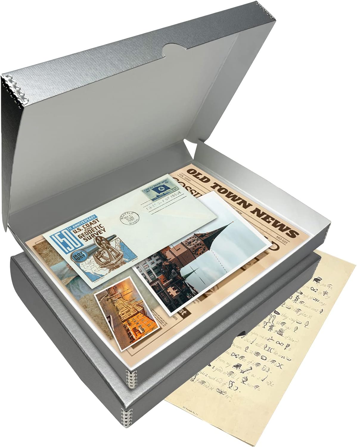 Lineco Folio Storage Box, Clamshell Design with Metal Edge. 11.5x14.5x1.75 Inches, Archival Boxboard, Preserve Photos, Cards, Magazines, Documents, Art, Ephemera, Family Records, Silver, Pack of 1