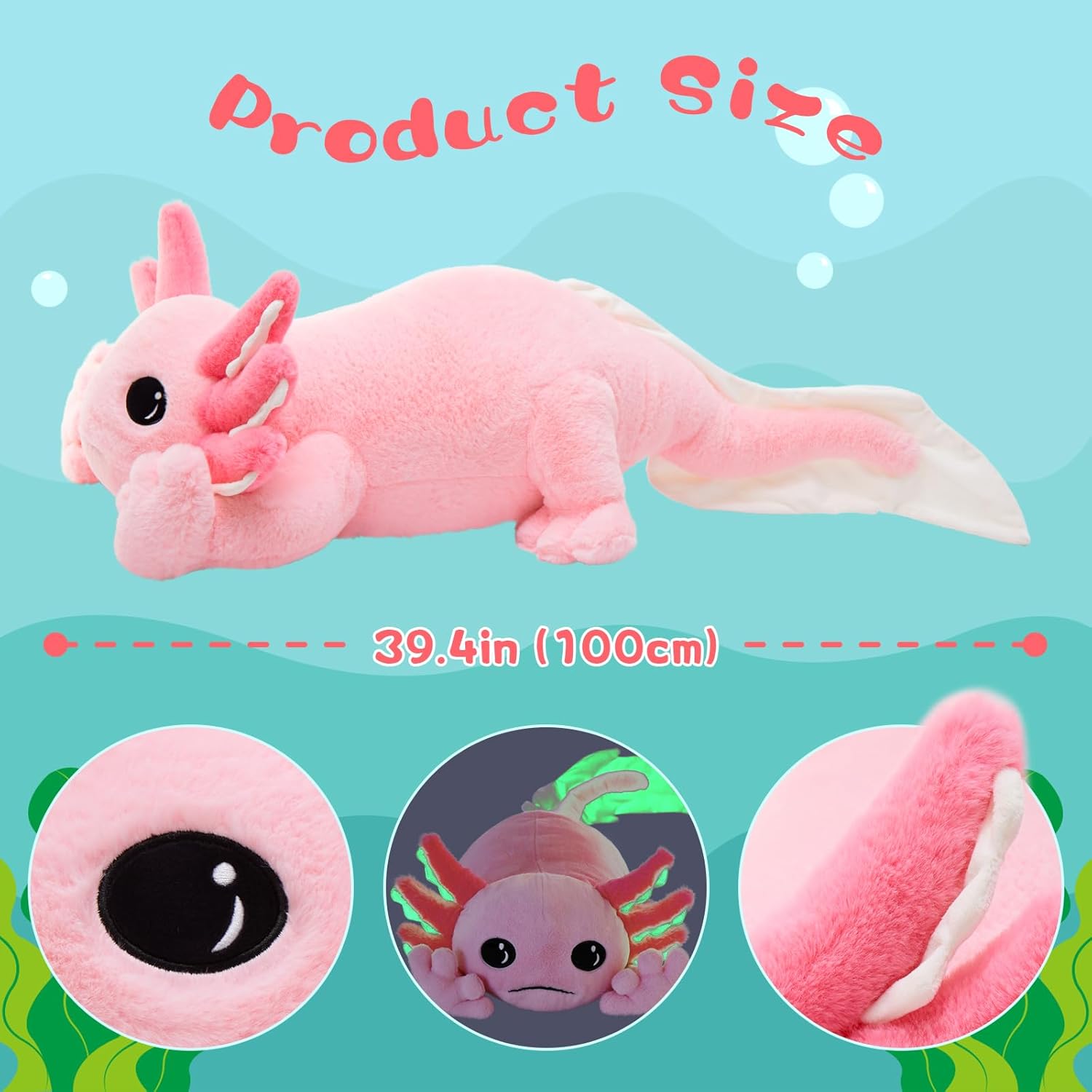 Tezituor Large Axolotl Plush Pillow, 39.5" Big Glowing Axolotl Stuffed Animal, Super Soft & Cuddly Glow in The Dark Plush Toy for Kids, Teens Adults