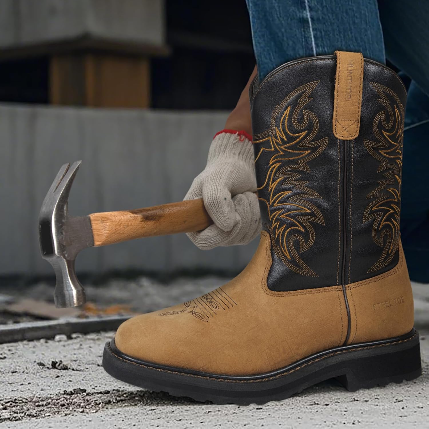 Men's Cowboy Work Boots, Square Steel Toe EVA Mid-Sole with GoodyearWelt Leather Anti Slip Western Men's Brown Boots for Manufacturing, Construction, Farming, Size 7-14 - Image 2