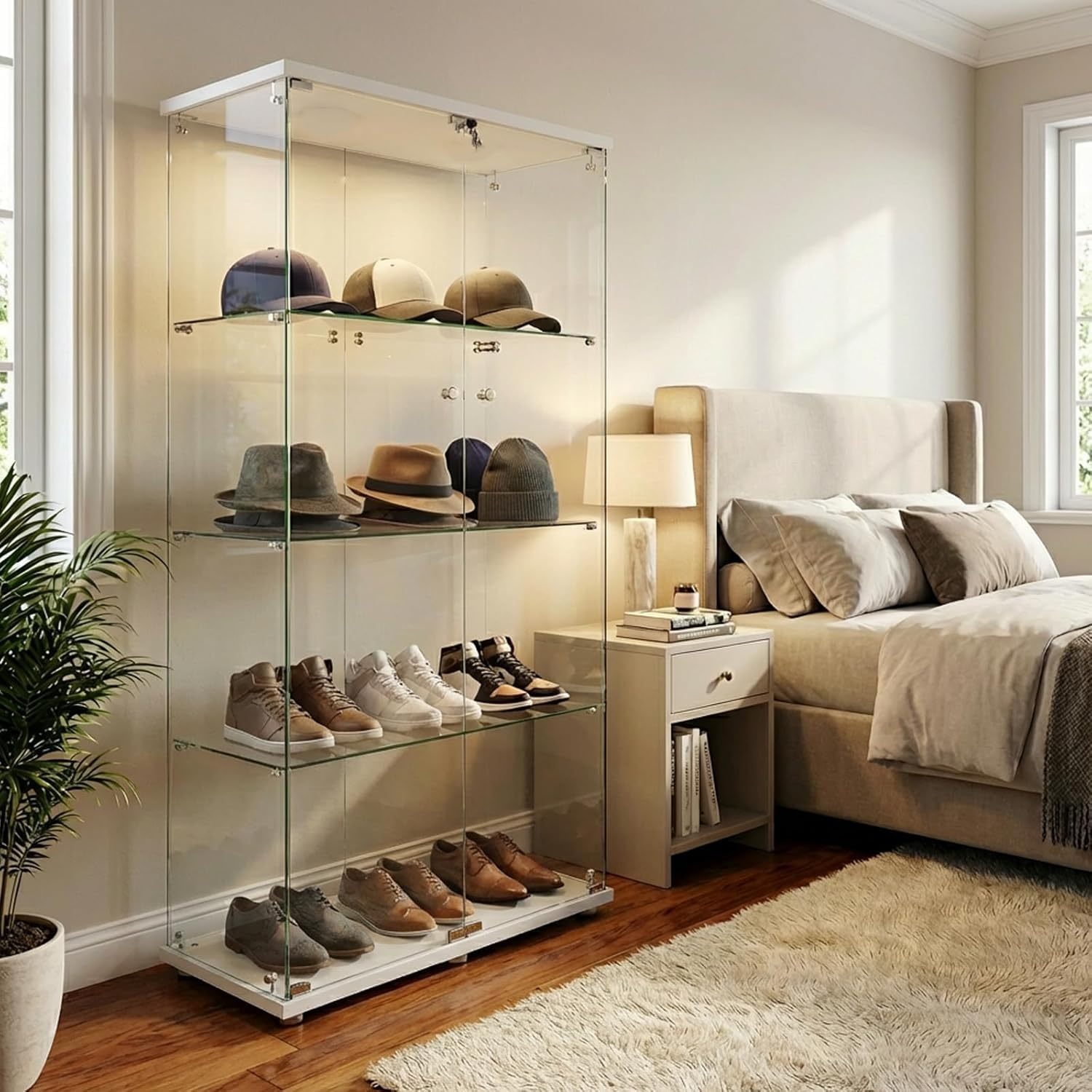 Vitrina de Cristal, 164,5 cm, 2 Puertas, 4 Capas, Vitrina de Cristal, Vitrina de colección, Armario Alto para salón, Dormitorio, Oficina