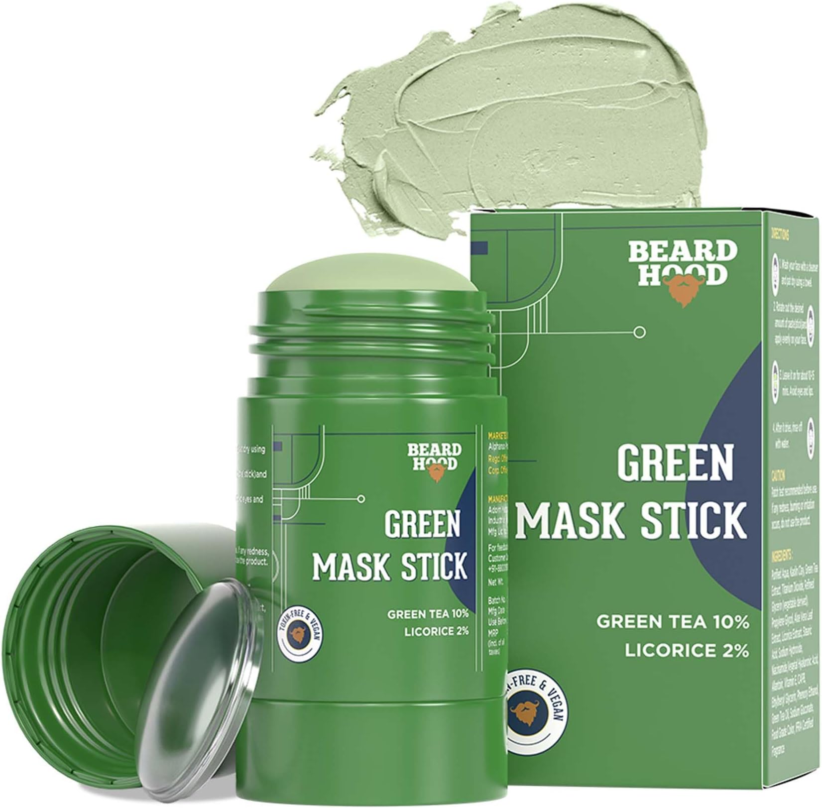 Beardhood Green Tea Cleansing Mask Stick for Face | For Blackheads, Whiteheads & Oil Control | Made in India | Purifying Solid Clay Detox Mud Mask | With Hyaluronic Acid & Green Tea