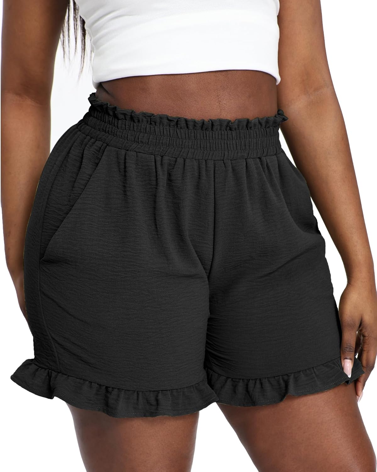 Women Plus Size Lounge Shorts High Waisted Summer Casual Loose Ruffle Hem Beach Vacation Boho Shorts with Pockets - Image 5
