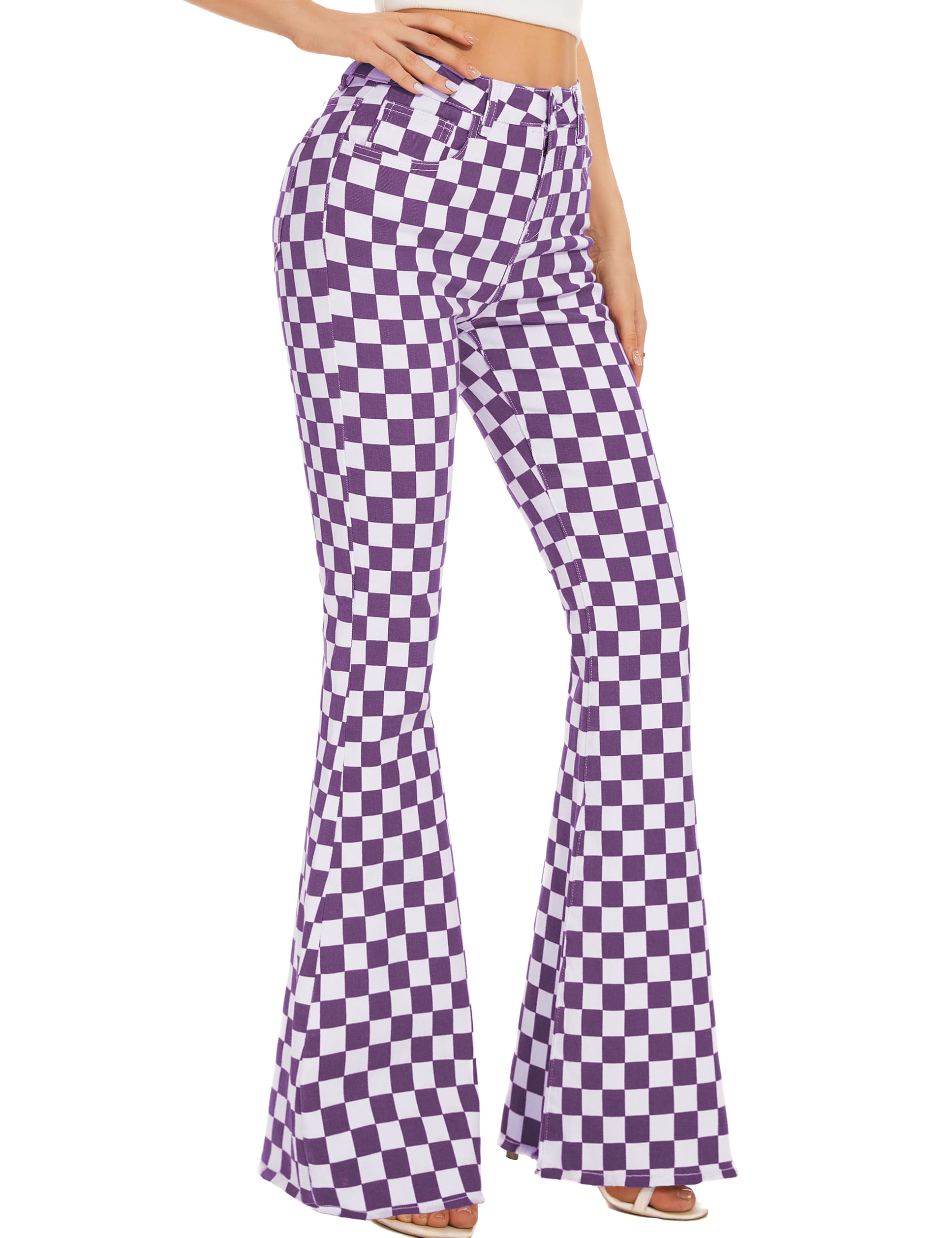 Jeans con fondo a campana per le donne a vita alta stretch plaid flare jeans jeans bootcut pantaloni