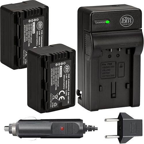 BM Premium Paquete de 2 baterías VW-VBT190 y cargador de batería para HC-V800K, HC-VX1K, HC-WXF1K, HCV520, HC-V550, HCV710, HCV720, HC-V750,