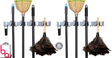 Berry Ave Broom Holder & Wall Mount Garden Tool Organizer- Kitchen, Garage & Laundry Room Storage With 4 Slots And 4 Hooks- Wall Holder For Broom, Rake & Mop Handles Up To 1.25? [Silver, 2-Pack]