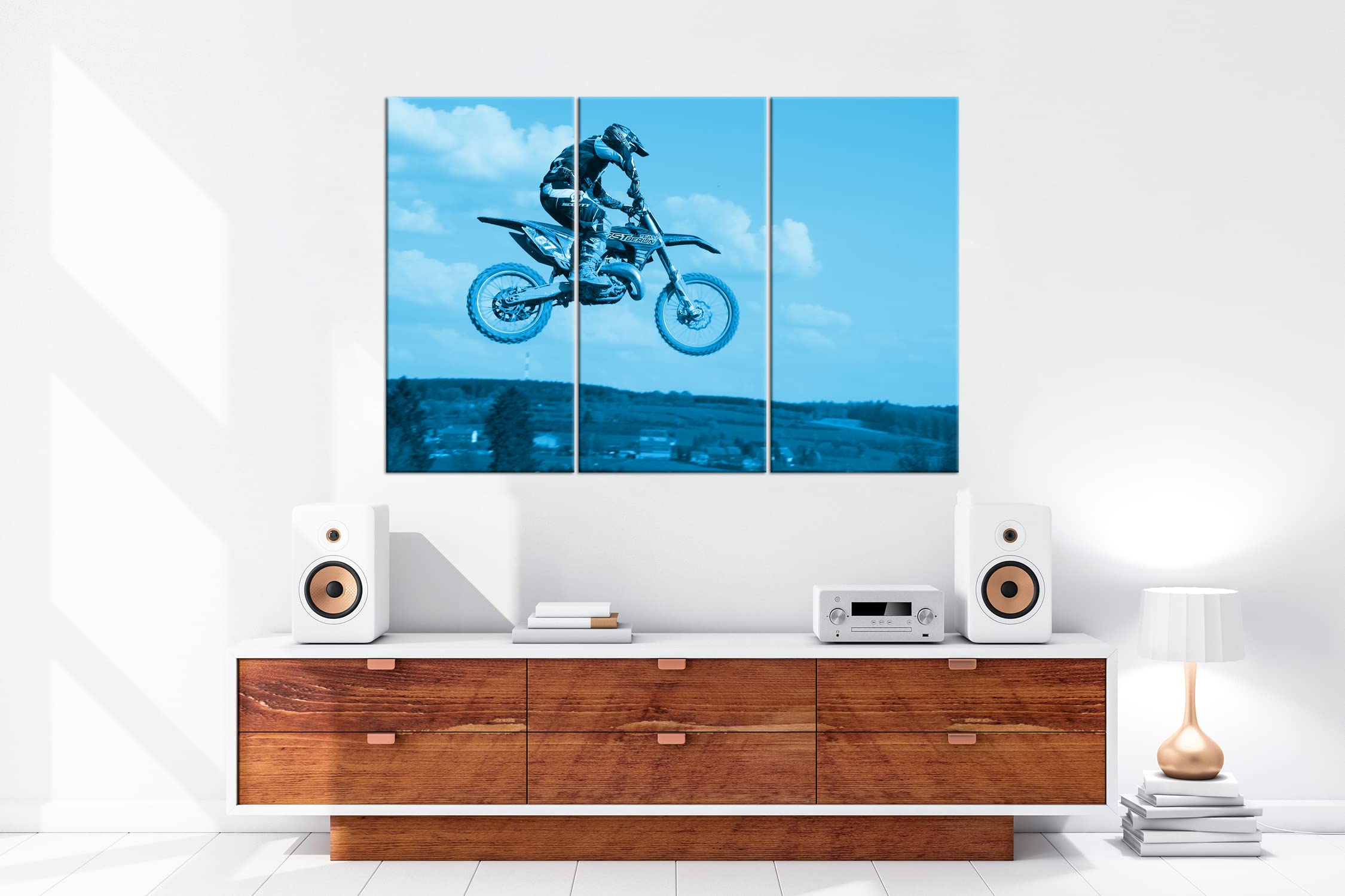 Motocross Stunt Effetto: Disegno su Tela già incorniciata su Cornice in Vero Legno, Stampa Digitale di Alta qualità con Telaio, nessun Poster o Poster, Stampa su Tela, Dreiteilig (120x80)