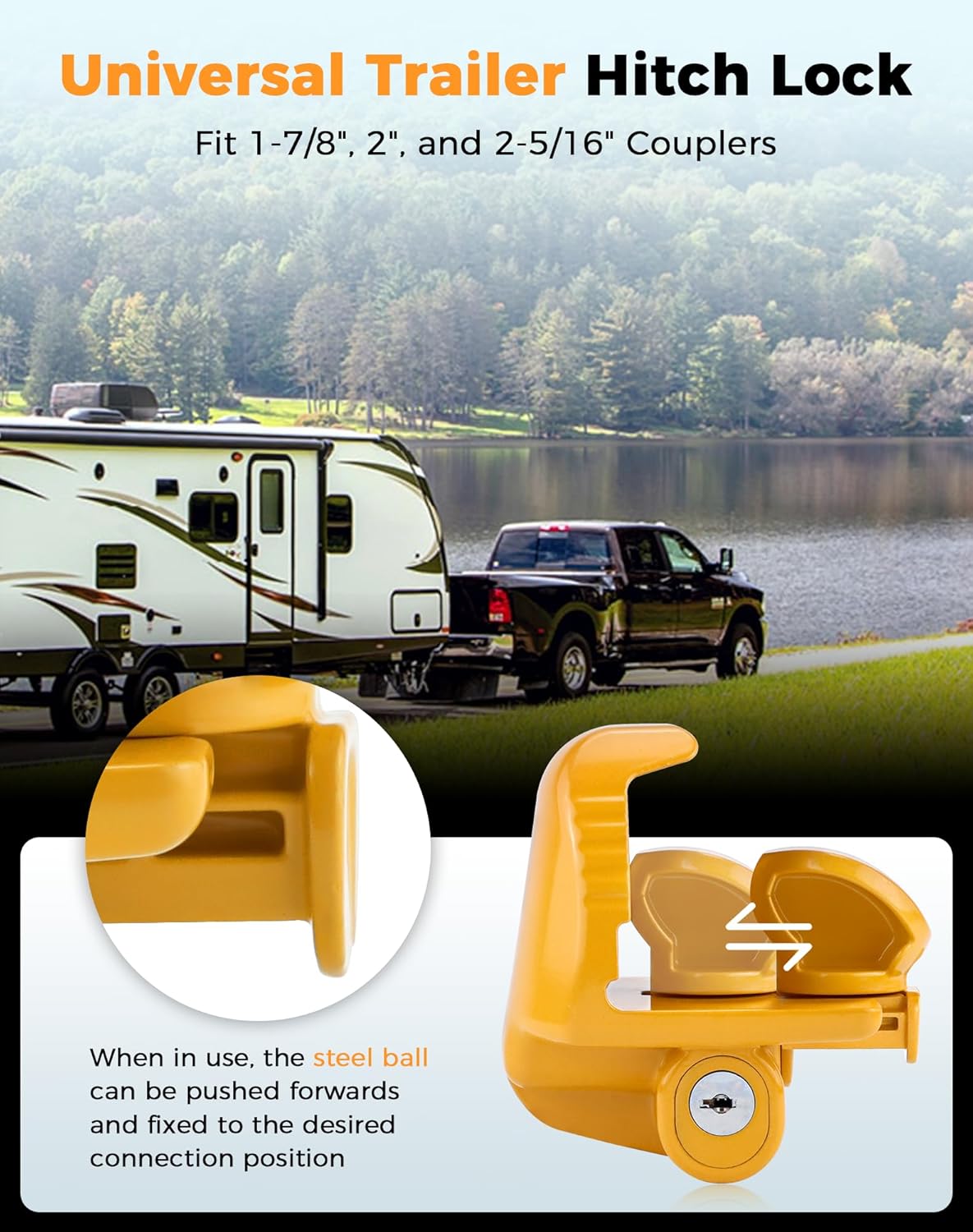Trailer Hitch Lock Universal Size with Key Fit for 1-7/8", 2", and 2-5/16" Couplers Heavy Duty Steel by Fetechmate Trailer Locks Accessories for Boat, Vehicles and RV, Yellow