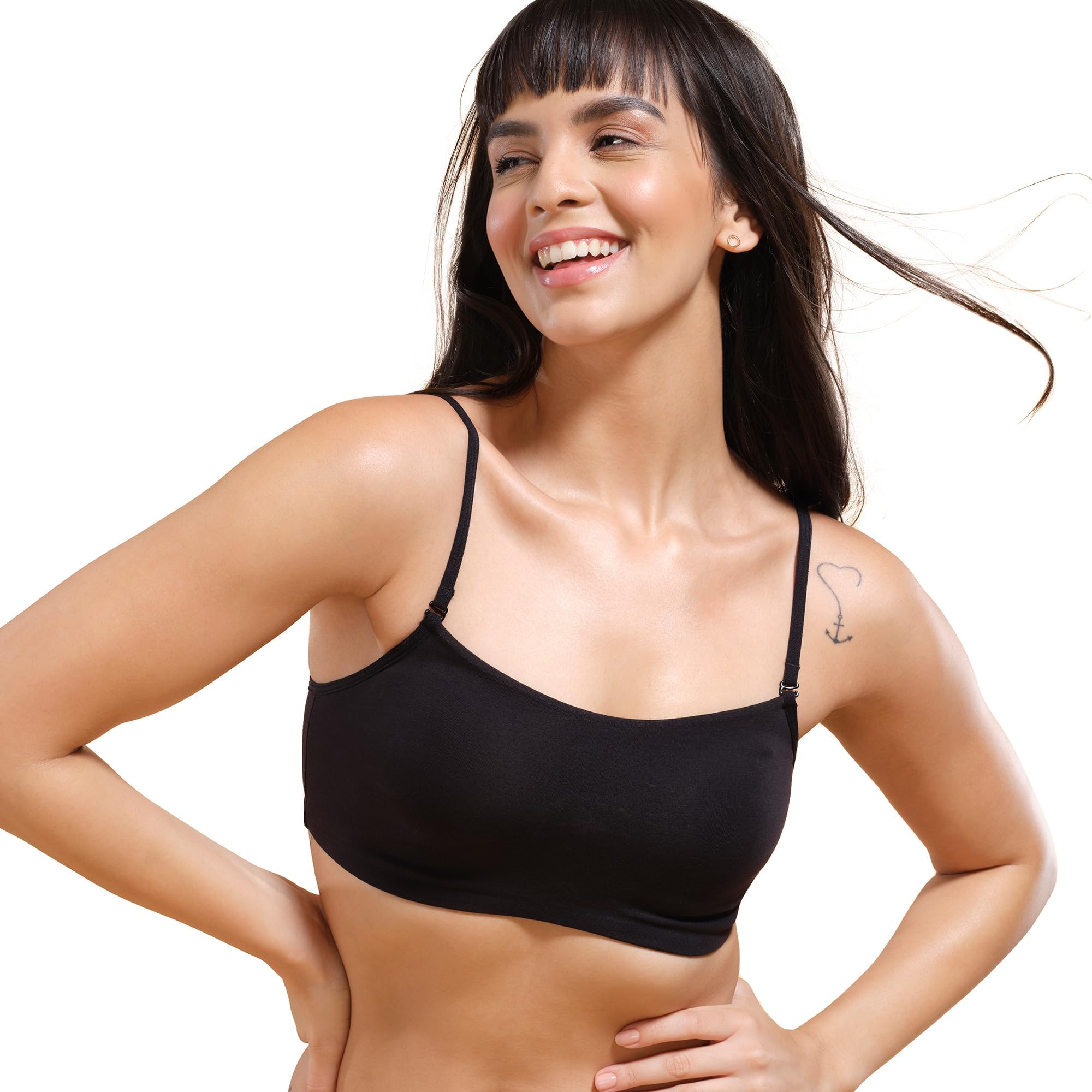 Moulded Double Layer Front Women's Cotton Cami Bra - Detachable Slim Straps with Back Keyhole, Non Padded, Wirefree, High Coverage - A022