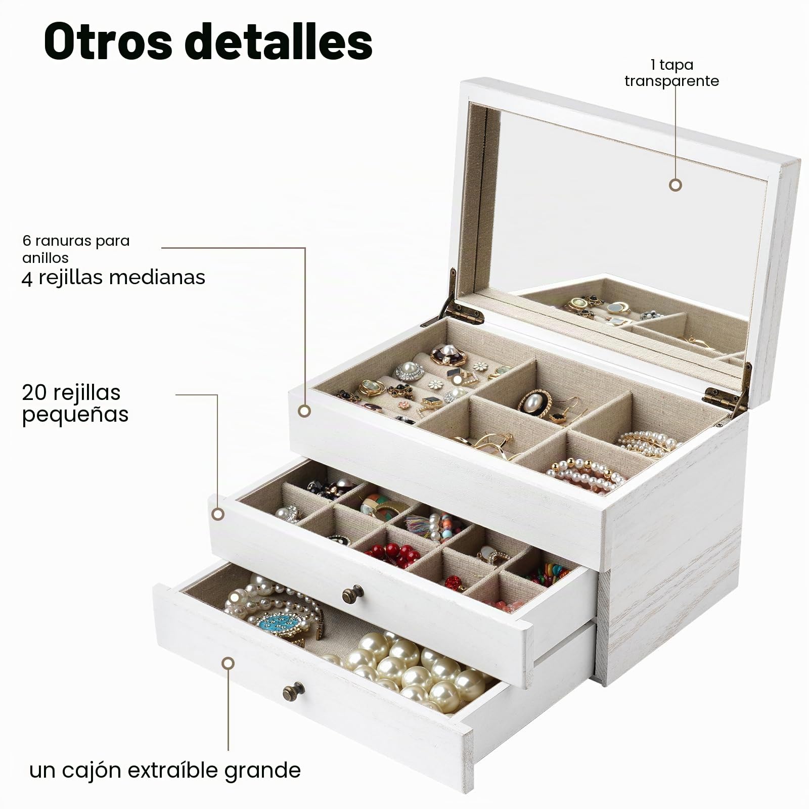 Meangood Joyero organizador para mujer, 3 capas, grande, joyero de madera rústica con espejo y bandeja de anillos para collares, aretes, pulseras, anillos, estilo vintage (blanco)