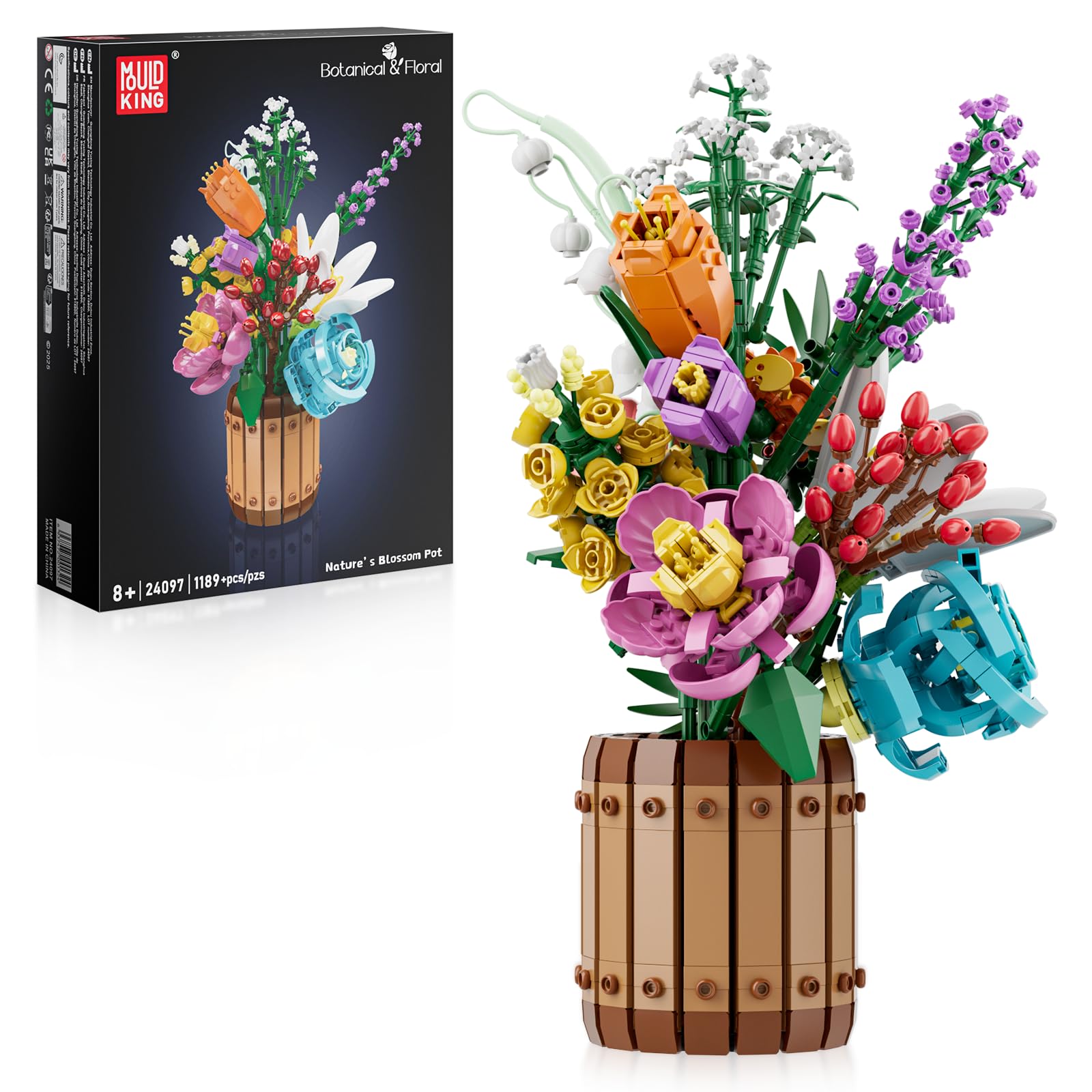 Mould King Geheimnis Blumen Bausteine, 1189 Teile Blumenstrauß Klemmbausteine Bausatz, Mit Vase, Kunstblumen Pflanzen Modell, Geschenk für Frauen Mädchen