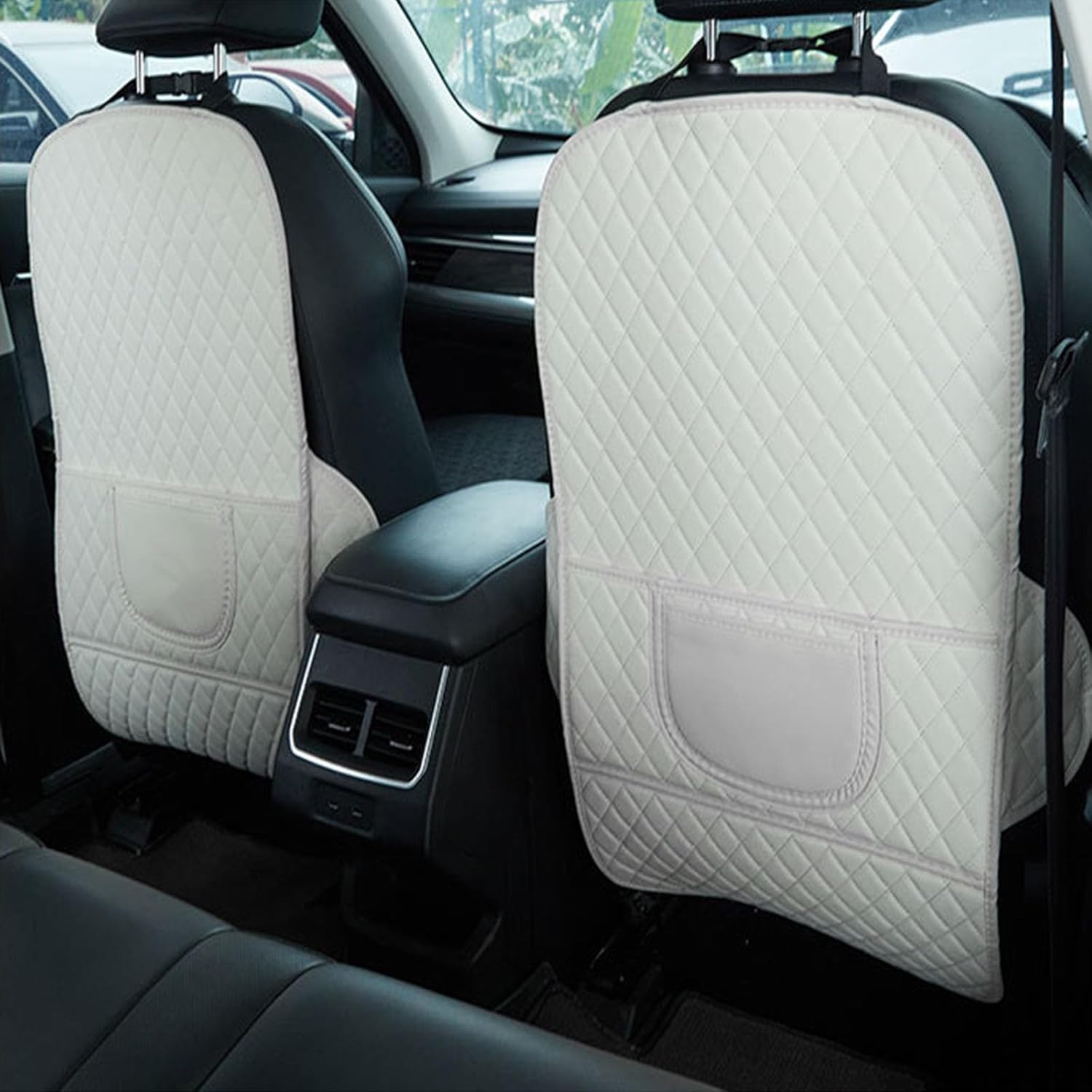 Car Seat Back Protectors for BMW X5 1999-2022 2023 2024 2025 E53 E70 F15 G05, 2 Pcs Car Seat Kick Mat, Leather Backseat Kick Guard Seat Saver with Organiser Pocket, E-White-2pcs