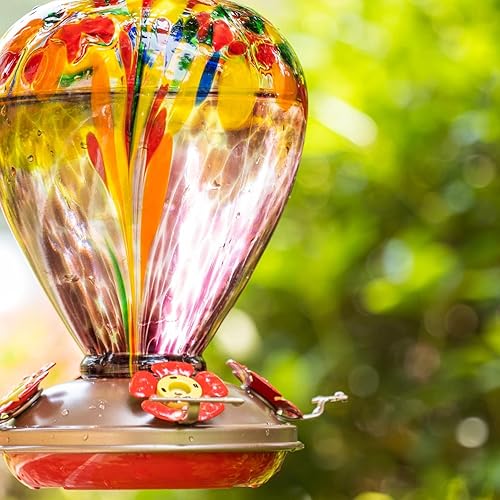 Vista 10 de Muse Garden - Comedero para colibríes para exteriores, vidrio soplado a mano, 34 onzas, foso de hormigas incluido, Comet cometa