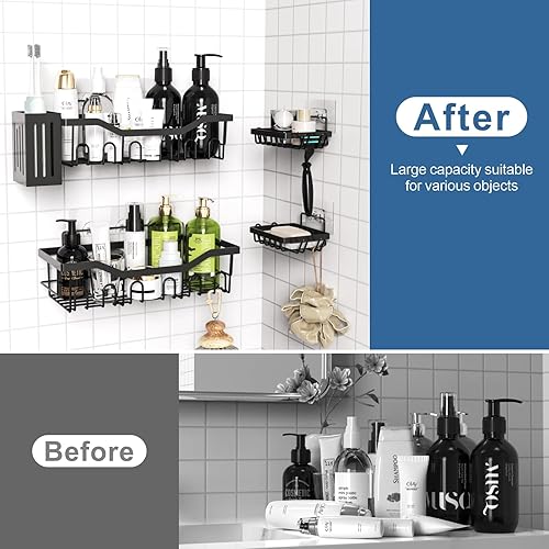 Miniatura 2 de Paquete de 5 organizadores de ducha a prueba de óxido para baño, gran capacidad, sin perforaciones, estantes de ducha adhesivos para estante de