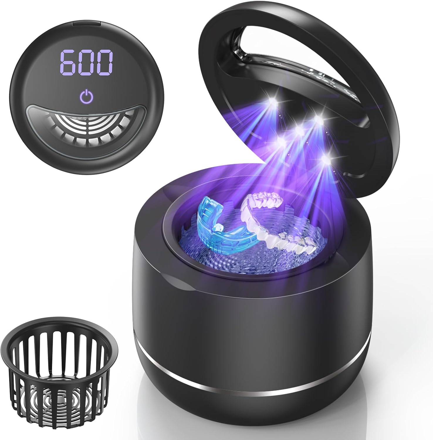 Ultrasonic Retainer Cleaner, 48kHz Denture Cleaner Machine with Dual Mode Digital Timer for Braces, Night Guard, Mouthguard, Toothbrush, Jewelry, 7.8OZ Dental Cleaning Pod Black