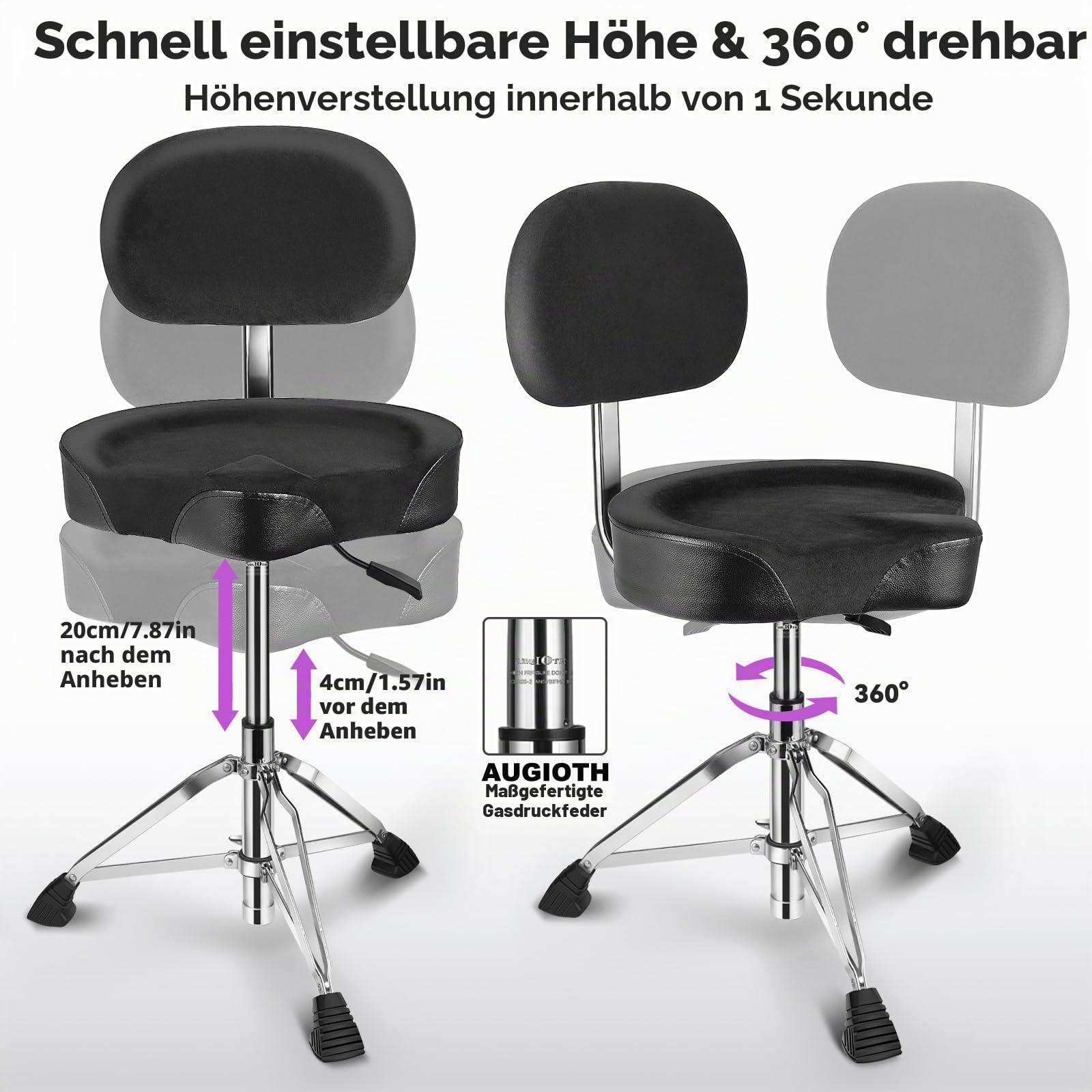 Drum-Hocker mit Rückenlehne Gepolsterter hydraulischer Drum-Stuhl Höhenverstellbarer Drum-Hocker mit stabilem Bass Komfortabler Memory-Foam-Drum-Sitz für erwachsene Trommler Gitarristen Schwarz