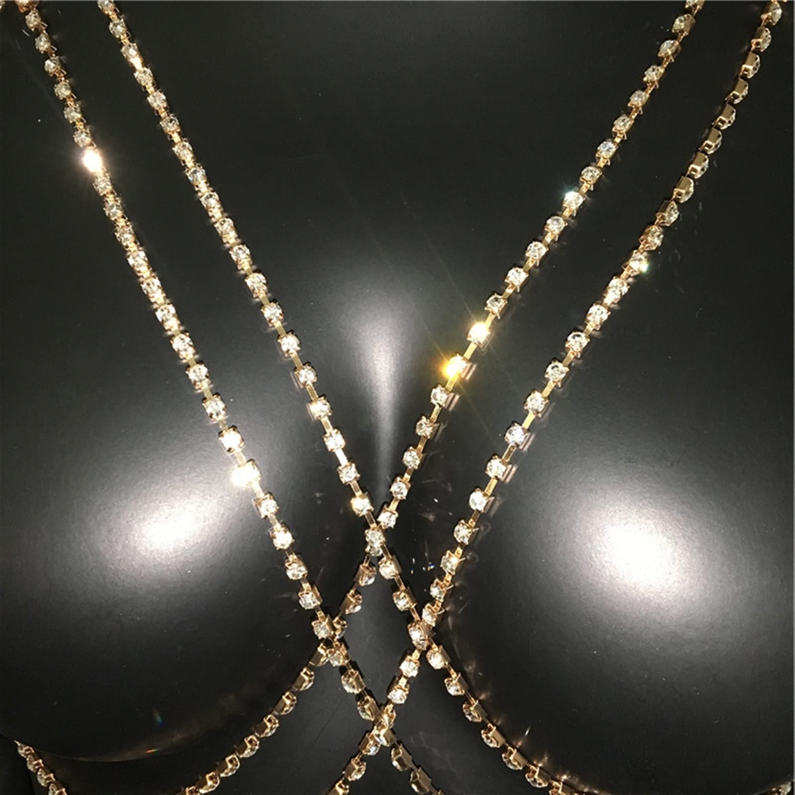 Cadena para el cuerpo Elegante Oro Plata Cadena para el cuerpo Halter Bling Diamante Criss Cross Vendaje Hollow Out Crop Top Moda Clubwear Cubrir Cadenas para el cuerpo (Color del metal: Dorado) ( )