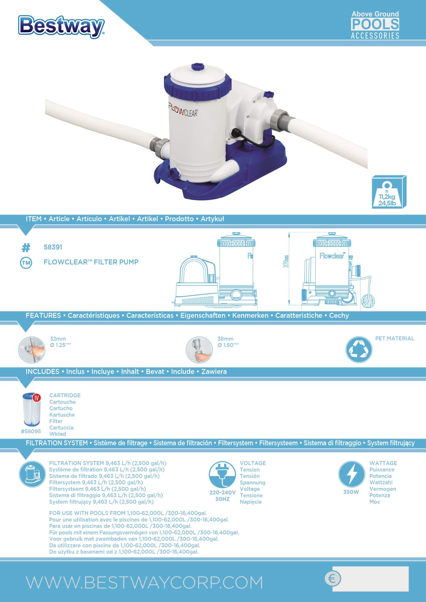 Bestway 58391 FLOWCLEAR Bomba de filtro 9.463 l/h, 220 – 240 V ~/50Hz, transformador 12 V kl. 3, 350 W, TÜV/GS H, multicolor