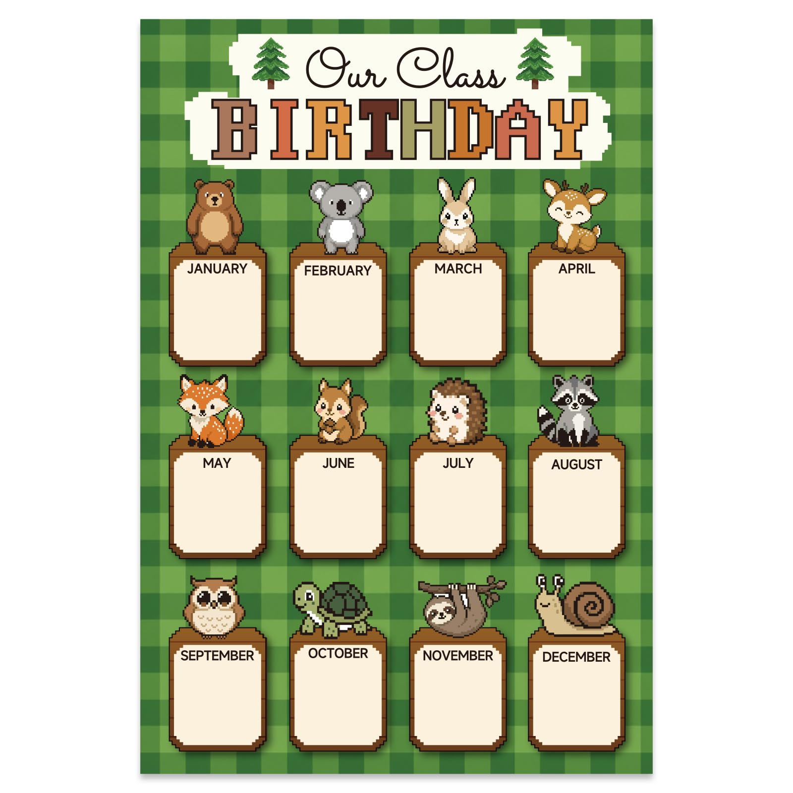 Penitue Happy Birthday Chart Poster, Video Game Theme Green Brown Birthday Calendar Poster with Cute Forest Animals Design Classroom Bulletin Board Decoration for Classroom Wall Decor