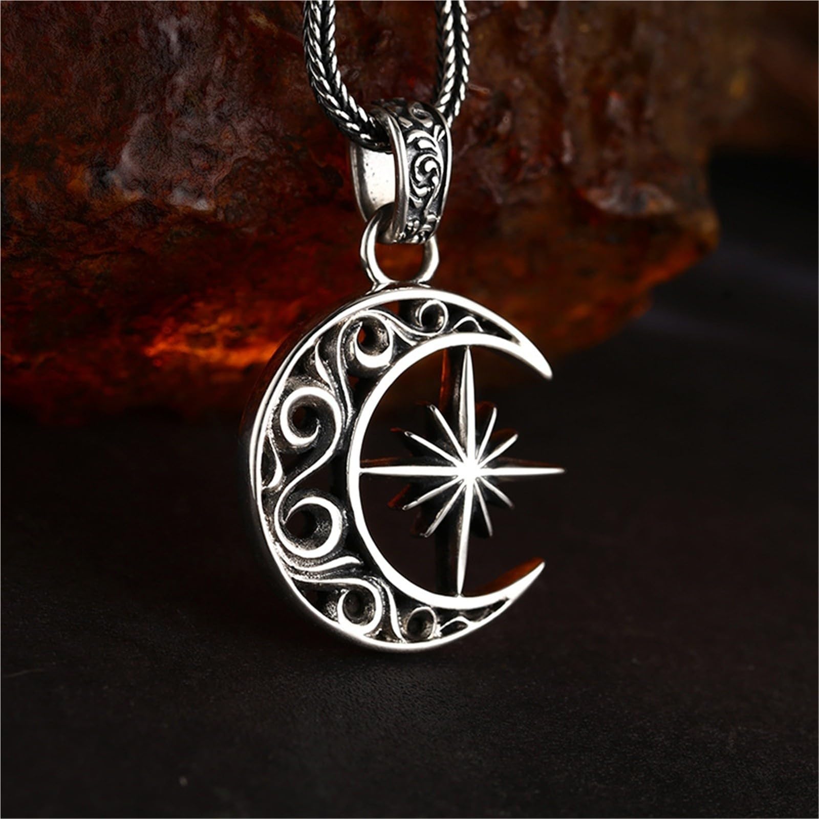 Herren Halskette Herrenhalsketten, Anhänger mit Stern und Mond S925