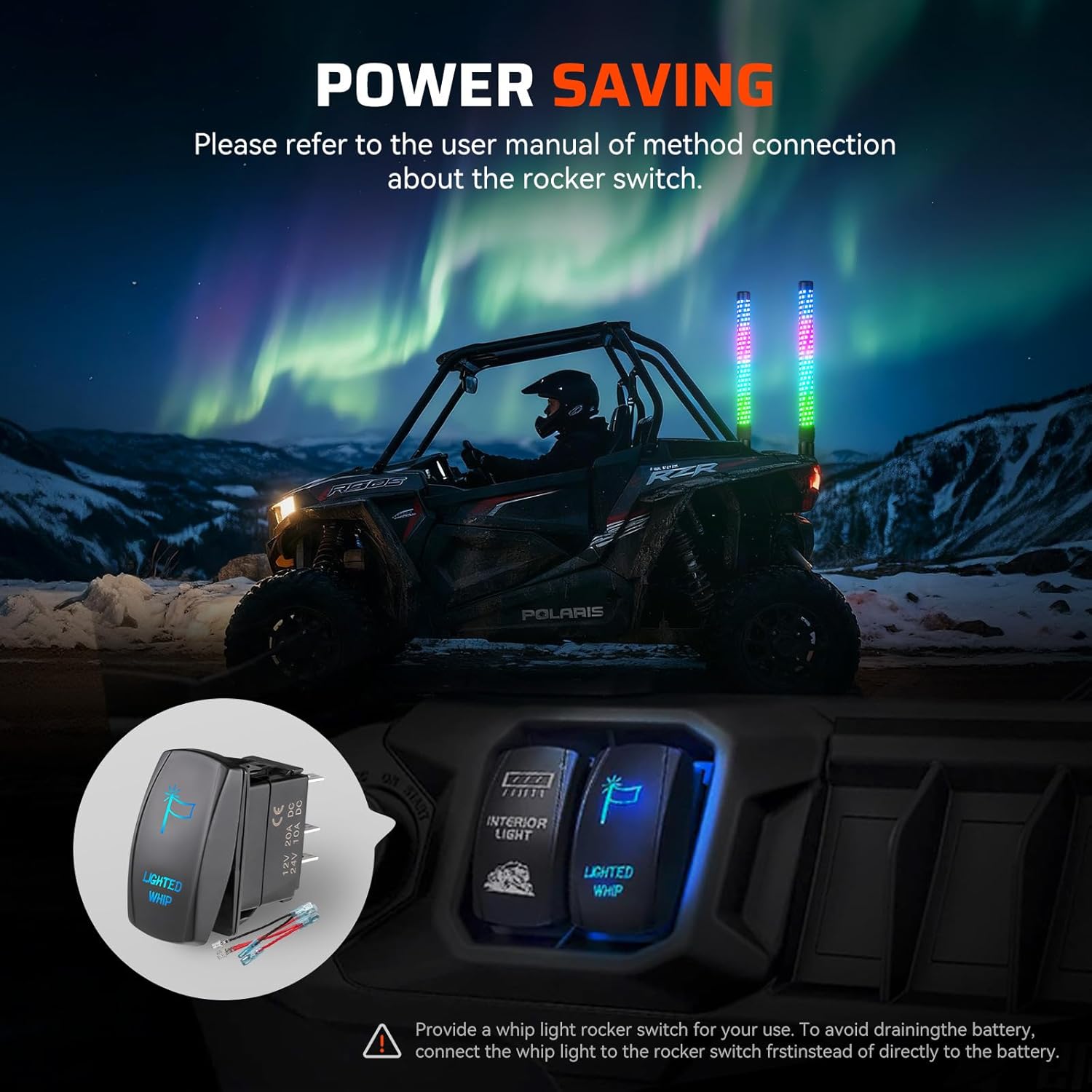 Ehaho 2PCS 3FT Fat Whip Lights for UTV ATV, Led Fatty Whip Light W/Rocker Switch & 6 Flags, Brighter Spiral Chasing Lighted Antenna Whip with APP & Remote Control for RZR SXS Can-Am X3 Off-Road - Image 6