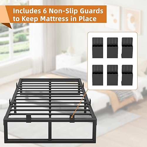 Vista 4 de Marco de cama tamaño King, plataforma de metal de 18 pulgadas con diseño de ranura en U sin chirridos, 6 protectores antideslizantes, soporte
