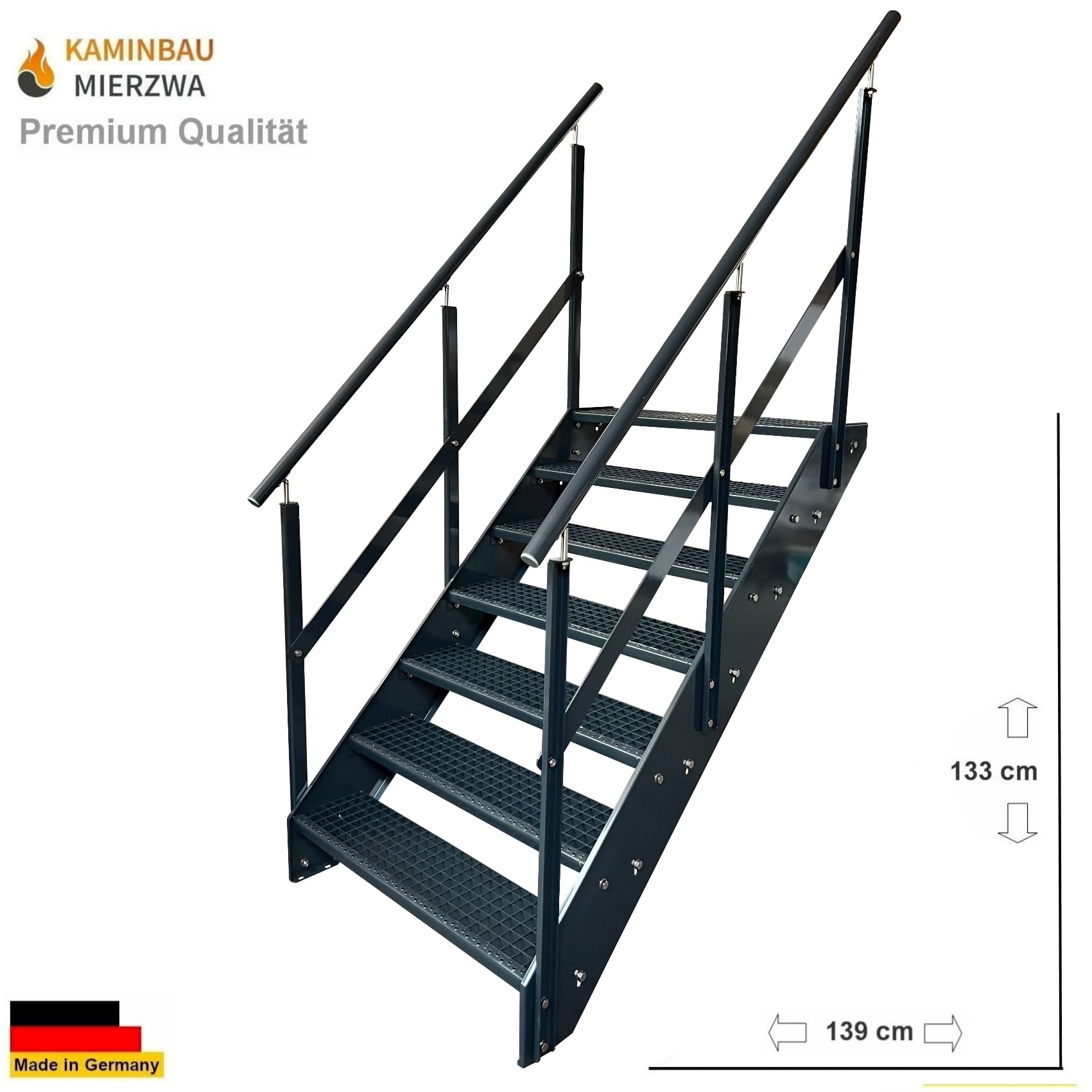 Stalowe schody podestowe, antracytowe, 7 stopni, wysokość 133 cm, łącznie z podestem 100 x 100 cm, z balustradą, orientacją schodów policzkowych do wyboru w lewo/w prawo lub z przodu (orientacja