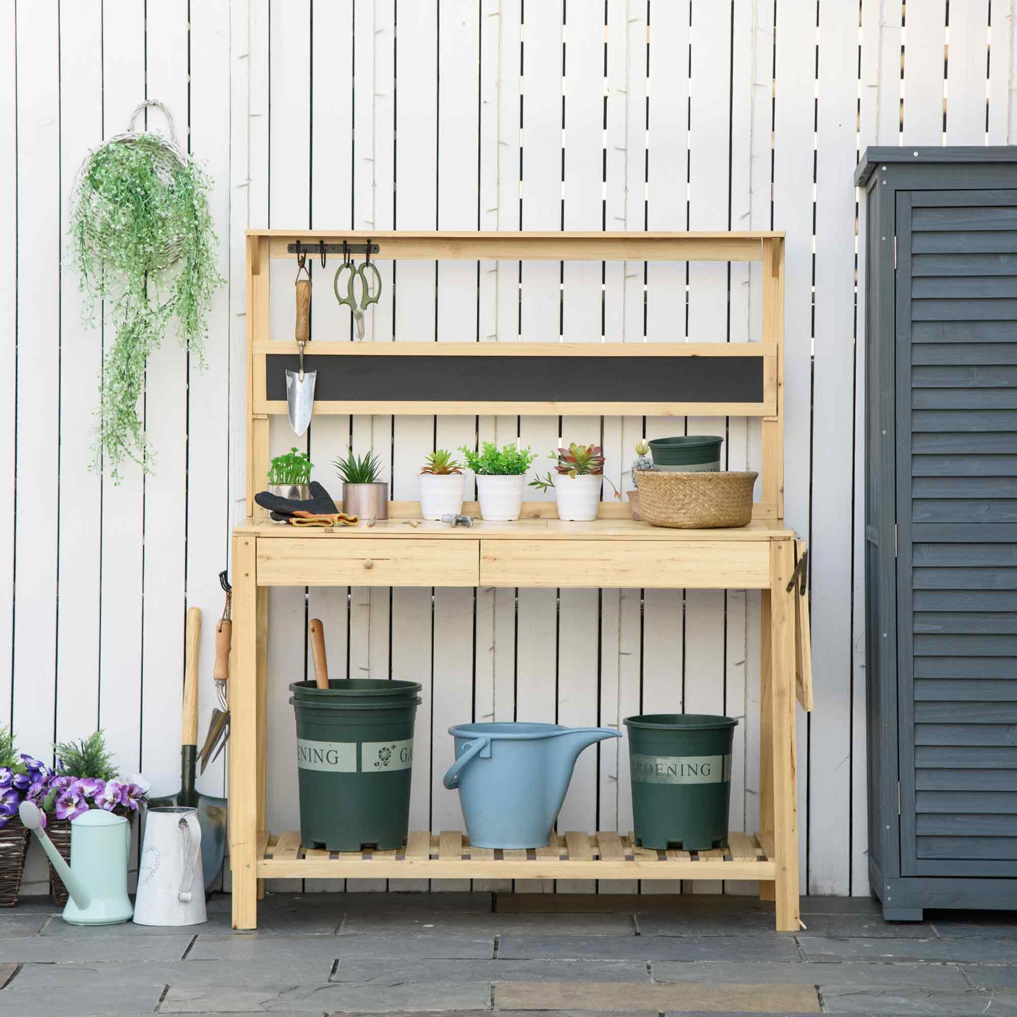 Outsunny Oppottafel, multifunctioneel, tuintafel met lade, plank, spoelbak, afmetingen: 92 x 42,5 x 119,5 cm plantentafel, massief hout, voorgeolied, grijs, mintgroen