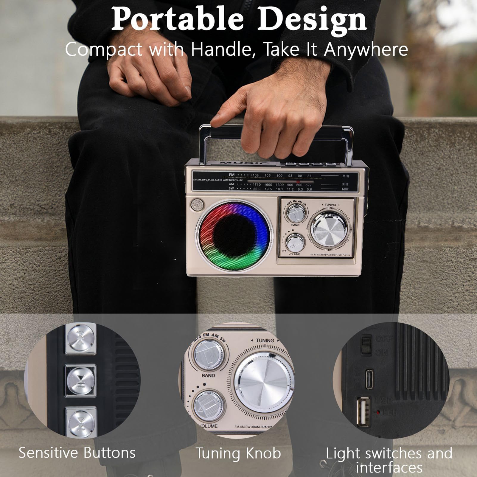 Haut-Parleur Radio BT Portable, Lampe de Poche LED Stéréo 5 W, Radio Extérieure FM AM SW avec Véritable Stéréo sans Fil pour la Maison, Le Camping, Les Voyages (Gold)