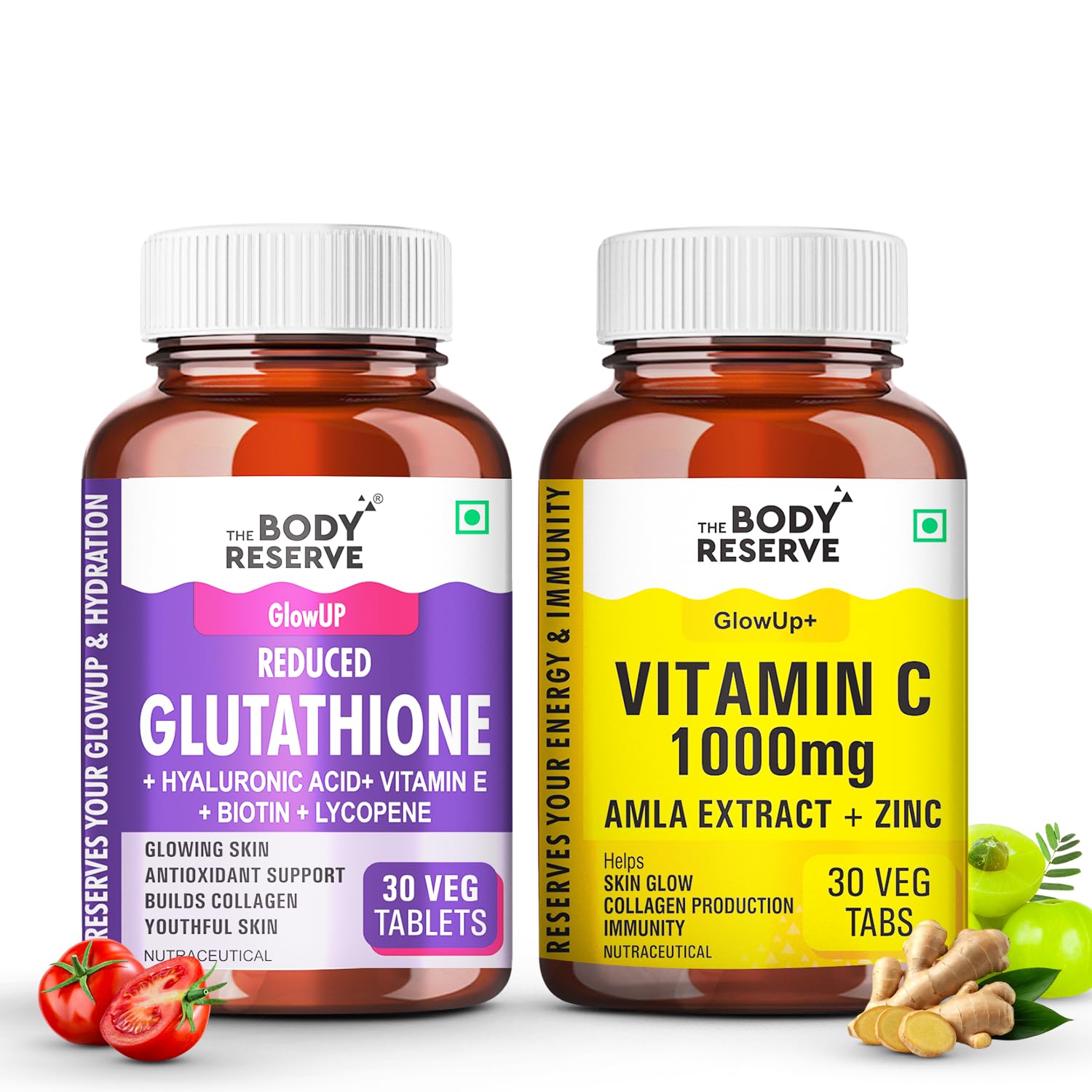 The Body Reserve Japanese Reduced L-Glutathione 500mg with Vitamin C & Amla Extract | Skin Brightening Supplement | 30+30 Veg Capsules