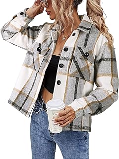 Womens Cropped Plaid Shacket Flannel Long Sleeve Button Down Jackets Coat for Women