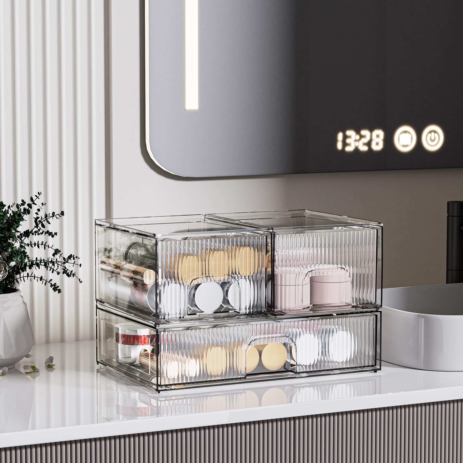 ZHIAI Lot de 3 organiseurs cosmétiques empilables transparents avec tiroirs en acrylique pour cosmétiques et petits articles pour commode, coiffeuse, armoire de cuisine, garde-manger, organisation de