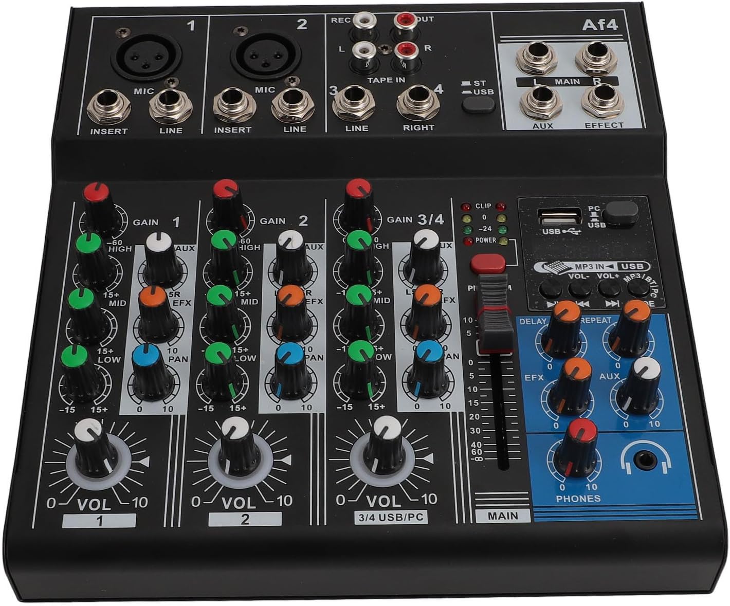 4 Channel Mixing Console, 48V Power BT Sound Mixer Board, Gold Plated XLR Interfaces USB Audio Mixer for Mobile Phone Karaoke Broadcast