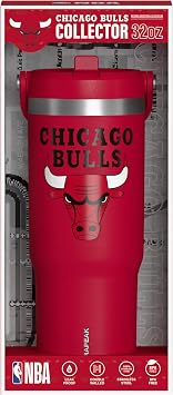 Hydrapeak NBA Officially Licensed Chicago Bulls Nomad 32oz Insulated Stainless Steel Leakproof Water Bottle with Flexible Grip Handle & Straw Lid, Limited Edition Collector Gift Box