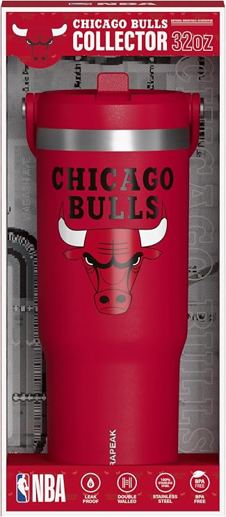 Hydrapeak NBA Officially Licensed Chicago Bulls Nomad 32oz Insulated Stainless Steel Leakproof Water Bottle with Flexible Grip Handle & Straw Lid, Limited Edition Collector Gift Box